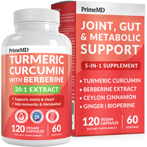 5-in-1 Organic Turmeric Curcumin Supplement (4210mg) with Berberine, Ceylon Cinnamon Bioperine and Ginger Supplements for Joint, Heart, Gut, & Metabolic Support (120 ct)-1765515986