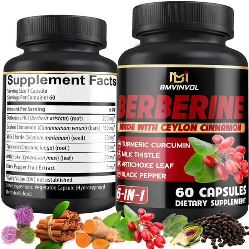Berberine Supplement with Ceylon Cinnamon, Turmeric, Artichoke, Milk Thistle - Berberine HCl Supplement Pills - 60 Capsules [2-Month Supply]-1765515995