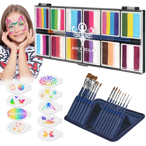 Anka Bella Professional Face Painting Kit for Kids,12X10gm Water Activated Rainbow Cake Face Paint with Stencil & Brushes,Hypoallergenic & Non-Toxic,Gift for Birthday Parties/Halloween/Carnival-1765518396
