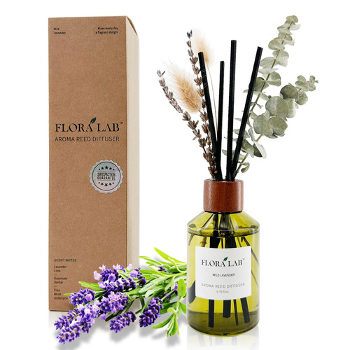Flora Lab Reed Diffuser Set with Sticks and Real Dried Flowers, 6.7oz (200ml) Lavender, Long-Lasting Fragrance, Natural Design, Perfect for Home & Bathroom, Shelf Decor, Ideal Gift for Woman