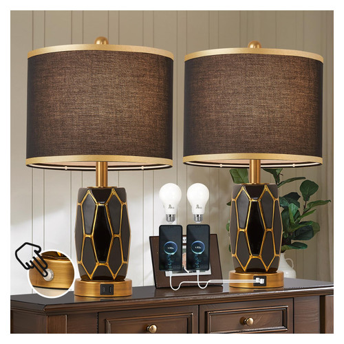 workluurop Set of 2 Touch Control Table Lamps for Bedroom Livingroom,Modern Black/White Ceramic Lamp with USB Ports,Bedside Nightstand Lamp with Fabric Drum Lampshade,Blubs Included(Black) workluurop Set of 2 Touch Control Table Lamps for Bedroom Livingroom,Modern Black/White Ceramic Lamp with USB Ports,Bedside Nightstand Lamp with Fabric Drum Lampshade,Blubs Included(Black)