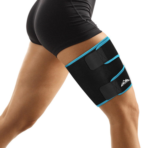 supregear Thigh Wraps Support, Adjustable Compression Neoprene Thigh Sleeve Hamstring Quad Wrap Upper Leg Brace for Women Men Pulled Groin Muscle, Quadriceps, Black + Blue, M