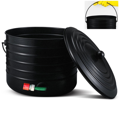 FillTouch Garden Hose Pot with Lid and Handle, Matte Black Ribbed Steel Garden Hose Holder Water Hose Storage Container for Outside Backyard Patio, Holds 100ft Hose