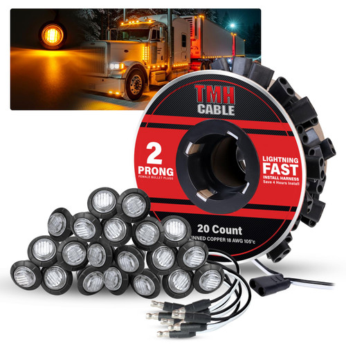 TMH 20 Pcs of 3/4 Inch Side Marker Clear Lens Amber Lights with Connector Plug + 2 Pin Continuous Wire Harness, Plug and Play Hassle-Free Installation for Truck Trailer RV Pickup-1765520645