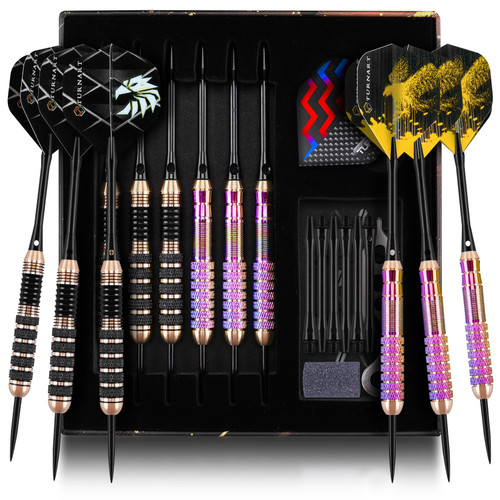 Turnart Darts Metal Tip Set - Steel Tip Darts Darts Set Professional Metal Darts Dart Board Set 12 Pcs 24 Gram 20 O-Rings Aluminum Darts Shafts 24 Extra Flights Darts Tool (6 Brass Dart with Color)-1765520837