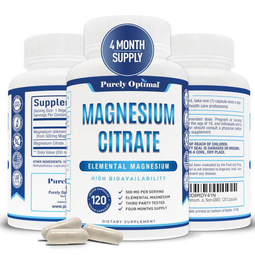 Purely Optimal Magnesium Citrate 500mg – Magnesium Supplement for Digestive Health, Gentle Constipation Relief, Muscle & Sleep Support, Calm & Relaxation – High Absorption, 120 Easy-to-Swallow Caps-1765521006