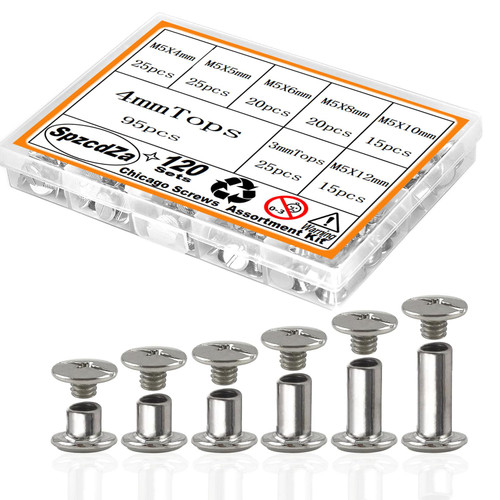 Chicago Screws Kit,SpzcdZa 120sets 6 Sizes Screw Rivets Silver Chicago Binding Screws for DIY Repair Leather Craft Belt Bag Shoes Purse Bookbinding (M5x4,5,6,8,10,12mm) (Silver)-1765521029