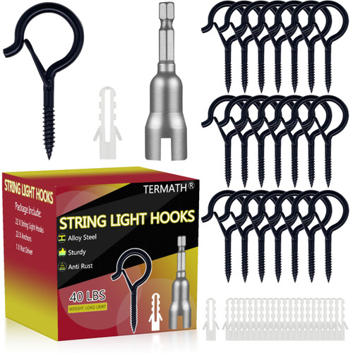 TERMATH 22PCS Outdoor String Light Hooks with Spring Latch,Rust Resistant Screw in Hooks,Windproof Plant Hangers,Screw Eyes Hook