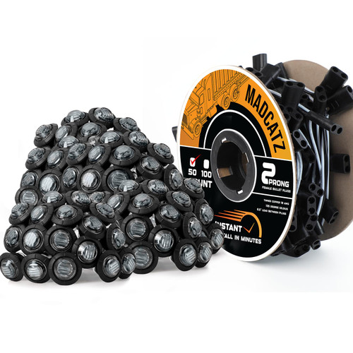 MADCATZ 50 Pcs 3/4" LED Smoked Lens Amber Marker Lights 3LED with Bullet Connector Plug + 2 Prong Continuous Wire Harness Roll, 50 Female Plugs - 6.5 inch for Truck Trailer Pickup 12V DC-1765522168