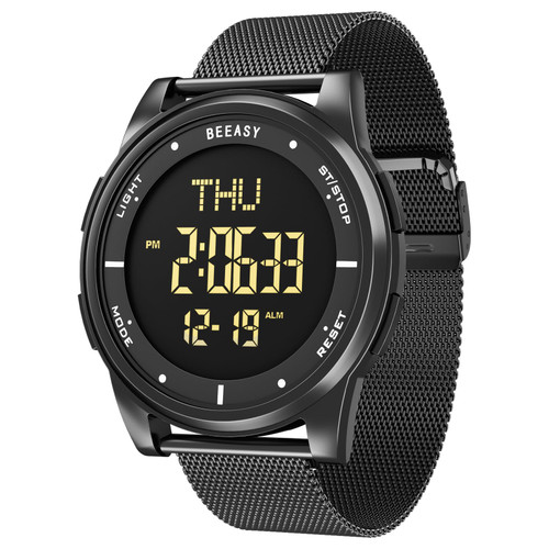 Beeasy Digital Watch Fashion Sleek Minimalist Mesh Stainless Steel with Alarm Waterproof Chronograph Watches for Men with Auto Date