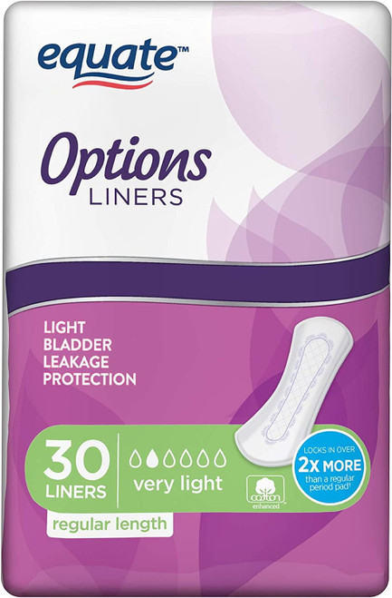 Equate Options Liners Light Bladder Leakage Protection, Regular Length Women's Incontinence Pads, Very Light Absorbency, 30 Count - 2 Pack (60 Total)