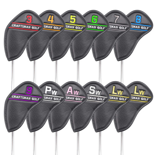 CRAFTSMAN GOLF Left Handed 12pcs Black Synthetic Leather Golf Iron Head Covers Set Headcover with Colorful Number Embroideried,Easily get The Needed Iron for Callaway Ping Taylormade Cobra Etc.