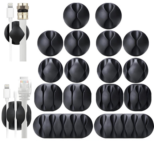 OHill 16-Pack Black Cord Organizer - Adhesive Cable Clips Holder for Desk, Wall, Car - Wire Management Clips for iPhone Charger, USB, Computer Cables -Cord Keepers with Strong Sticky Backing