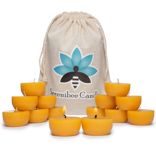Serenibee Beeswax Tea Light Candles - 100% Pure Beeswax with One Reusable Glass Candle Holder and Reusable Cotton Bag Eco Friendly Gift Set(12)