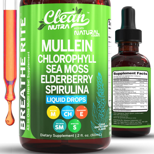 Clean Nutra Mullein Drops for Lungs Organic Chlorophyll Liquid Irish Sea Moss, Spirulina, Licorice, Tart Cherry Lobelia, Motherwort & Elderberry Mullein Leaf Extract Tincture Men Women Supplement Clean Nutra Mullein Drops for Lungs Organic Chlorophyll Liquid Irish Sea Moss, Spirulina, Licorice, Tart Cherry Lobelia, Motherwort & Elderberry Mullein Leaf Extract Tincture Men Women Supplement