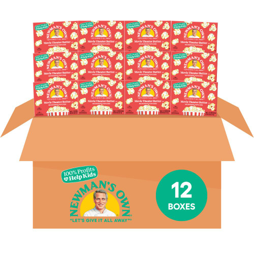 Newman's Own Microwave Popcorn - Movie Theater Butter | Kosher | Made with Whole Grain Popcorn | No Artificial Flavors | No Trans Fats | 3.2 oz Bag, 3 Bags Per Box (12 Boxes, 36 Bags Total)