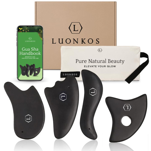 LUONKOS Gua Sha Facial Tools - Set of 4 Black - Large Bian Stone Guasha Tool for Face Sculpting - Lymphatic Drainage Massager with Polished Edges Glide Effortlessly for Daily Skincare Routine