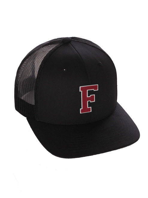 Structured Trucker Mesh Hat Custom Colors Letter F Initial Baseball Mid Profile (Black Black White Red)