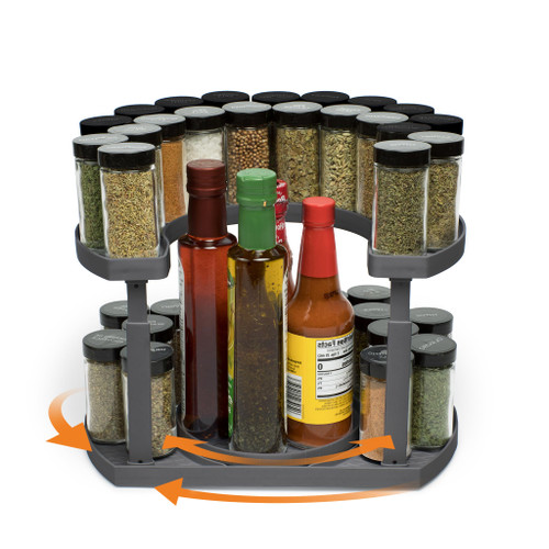 Stow-n-Spin 2-Tier Spice Rack Organizer for Cabinet | Rotating Lazy Susan Spice Organizer Holds 40 Spice Jars | Countertop & Pantry Spice Shelf for Kitchen Organization & Storage (Gray)