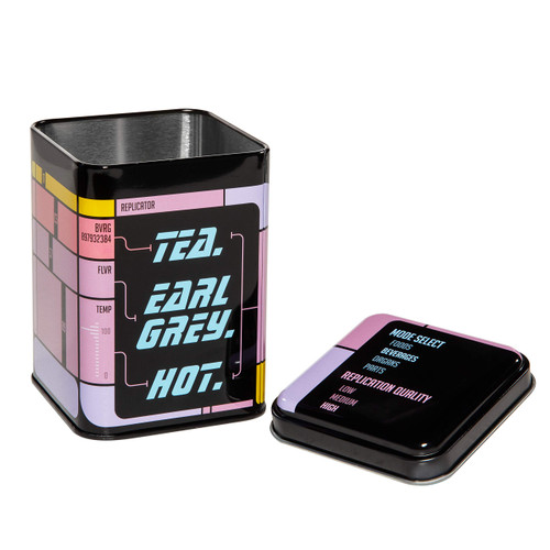 getDigital Tea Tin, Tea. Earl Grey. Hot. - Metal caddy with lid for loose leaf tea storage - Shows the replicator interface from a classic Sci-Fi TV Show - Capacity 17 fl oz
