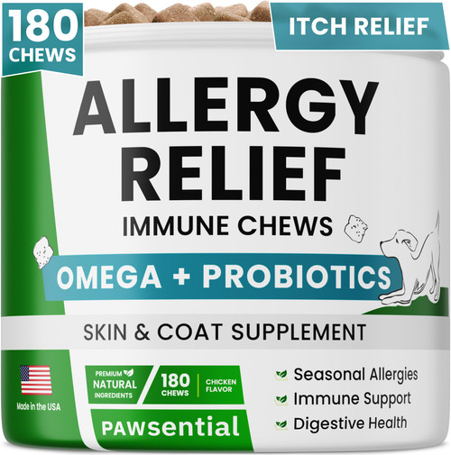 PAWSENTIAL Allergy Relief Dog Chews - Itchy Skin Relief w/Probiotics + Omega 3 + Colostrum - Seasonal Allergies - Anti-Itch Treats - Skin&Coat + Immune Supplement - Made in USA - Chicken Flavor -180Ct PAWSENTIAL Allergy Relief Dog Chews - Itchy Skin Relief w/Probiotics + Omega 3 + Colostrum - Seasonal Allergies - Anti-Itch Treats - Skin&Coat + Immune Supplement - Made in USA - Chicken Flavor -180Ct