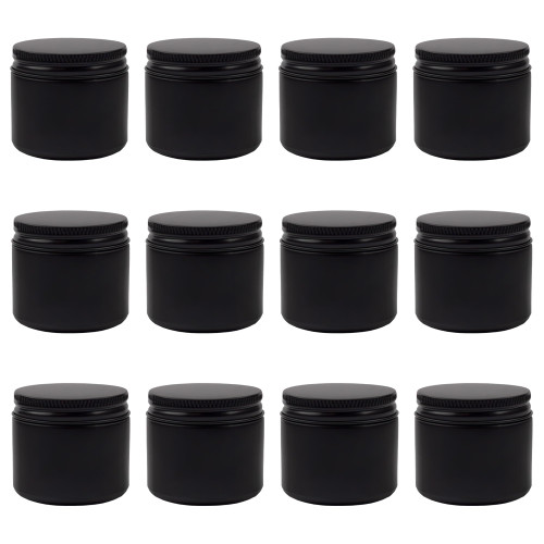 Cornucopia Brands 2-Ounce Black Coated Glass Jars (Pack of 12) Cosmetic Jars with Black Metal Lids and Black Matte Exterior