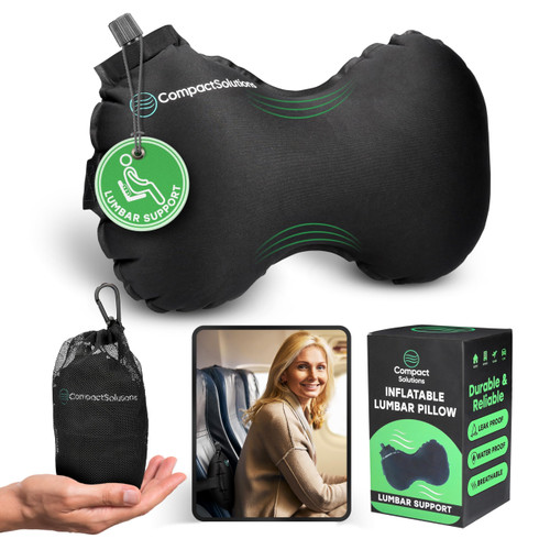 CompactSolutions Inflatable Lumbar Pillow for Airplane Travel - Travel Lumbar Pillow - Suitable for Men and Women of All Ages - (Free eBook with Tips and Stretches for Travelling with Back Pain)