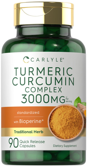 Carlyle Turmeric Curcumin Supplement with Black Pepper | 3000mg | 90 Capsules | Complex Extract with Bioperine | Non-GMO, Gluten Free