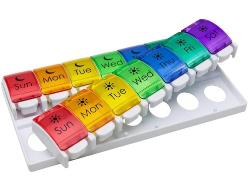 EZY DOSE Weekly (7-Day) Pill Case, Medicine Planner, Vitamin Organizer, 2 Times a Day AM/PM, Removeabale Trays, Large Push Button Compartments, Easy to Use, Arthritis Friendly, Rainbow Lids, BPA Free