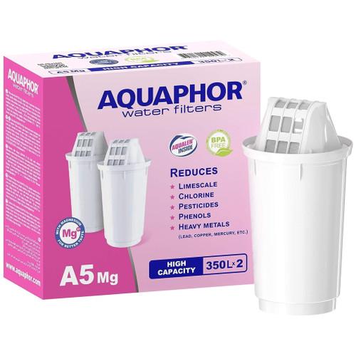 AQUAPHOR Filter Cartridge A5 2 Pack with Magnesium | Filters Limescale, Chlorine, Heavy Metals | 350L Clear Water | AQUALEN Technology for Better Tasting Food & Drink | Replacement for A5 Filter Jugs