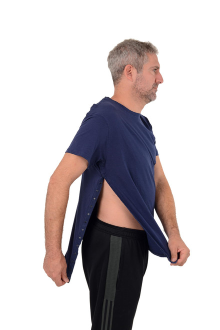 Post Surgery Recovery Tshirt Snap Open Tearaway Shirt (Large, Navy/Men)