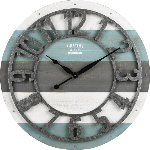 FirsTime & Co. Teal Shabby Planks Wall Clock, Large Vintage Decor for Living Room, Home Office, Round, Wood, Farmhouse, 27 inches