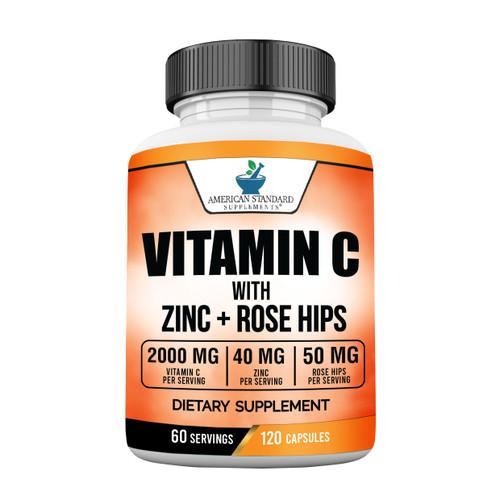 American Standard Supplements Vitamin C 2000mg, Zinc 40mg, and Rose HIPS 50mg Per Serving, Vegan, Gluten Free, Non-GMO (120 Count)