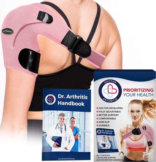 Dr. Arthritis Doctor Developed Shoulder Brace - Comfortable Bursitis - Rotator Cuff for Pain Relief - Compression Shoulder Brace for Women & Men With Handbook (Pink)