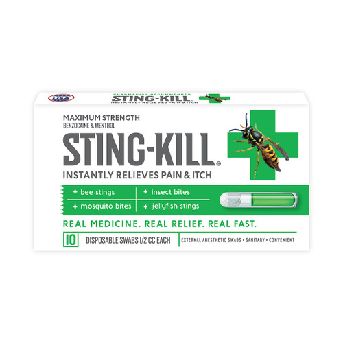 Sting-kill First Aid Anesthetic Swabs, Instant Pain + Itch Relief from Bee Stings and Bug Bites, 10-Count Sting-kill First Aid Anesthetic Swabs, Instant Pain + Itch Relief from Bee Stings and Bug Bites, 10-Count