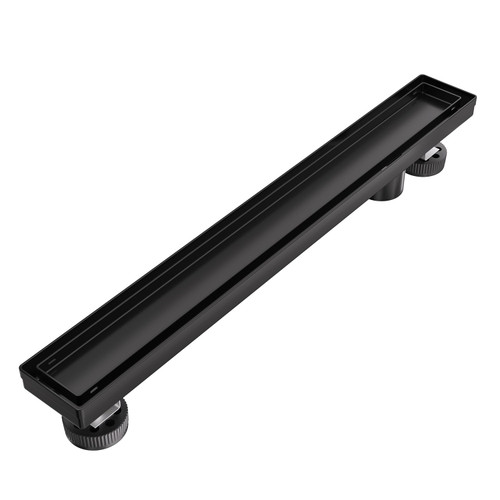 EXF Offset Linear Shower Drain 22 Inch Matte Black with Reversible Flat & Tile Insert Cover, Stainless Steel Rectangle Shower Floor Drain with Hair Catcher, Adjustable Feet