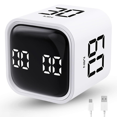 Productivity Timer Flip Gravity Sensor Cube Timer Countdown & Countup,Mute & Vibrate & Sound，5/10/30/60min & Custom Timing, Perfect for ADHD,Work,Learning,Kitchen Cooking (1White)