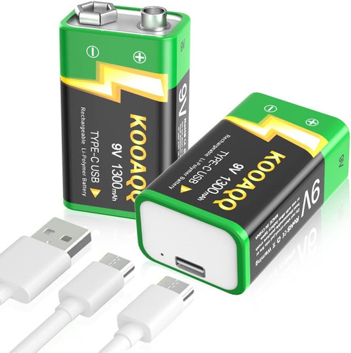 KOOAQQ Rechargeable 9v Batteries, (New Upgraded) 1300mAh 9 Volt Lithium Battery for Smoke Alarms,Microphones,Walkie-Talkie,Toys etc, USB-C Recharge with 2 in 1 Charging Cable, 2-Pack-1765813927