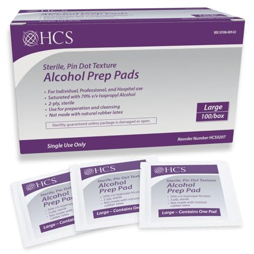 HCS Large Alcohol Prep Pads - 70% Isopropyl Alcohol Wipes, Individually Wrapped - 2 ply, Textured, Sterile Skin Prep Swabs (100/Box)-1765814253