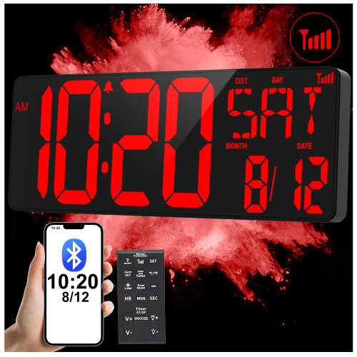 XREXS 17.2" Large Digital Wall Clock Bluetooth Sync Time, Precise Atomic Clocks with Remote Control, Adjustable Dimmer Grandfather Clock, Temperature for Bedroom, Desk Alarm Clock for Elderly-1765814467
