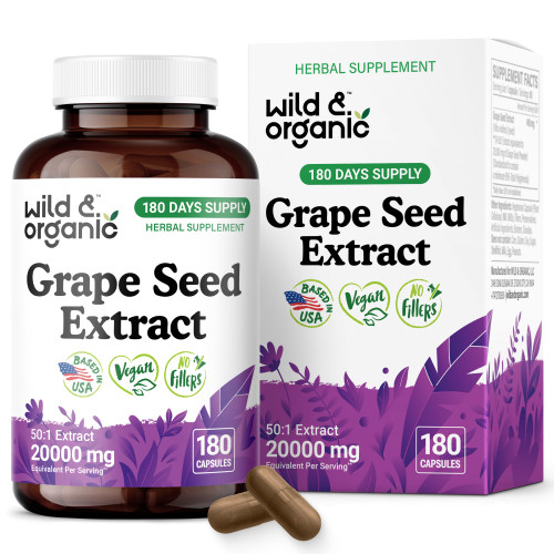 Wild & Organic Grape Seed Extract Capsules - 20,000 mg Strength Grapeseed Extract Equivalent - 95% Polyphenols - 400 mg per Serving - 180 Vegan Capsules - 6 Month Supply - Non-GMO Wild & Organic Grape Seed Extract Capsules - 20,000 mg Strength Grapeseed Extract Equivalent - 95% Polyphenols - 400 mg per Serving - 180 Vegan Capsules - 6 Month Supply - Non-GMO