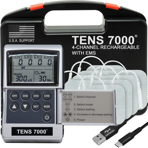 TENS 7000 Pro Rechargeable Tens Unit Muscle Stimulator, 4 Channels, Back Pain Relief, 8 Electrodes/Unit Pads, EMS and TENS Machine, Muscle Recovery & Growth, Stim Machine, Electrotherapy