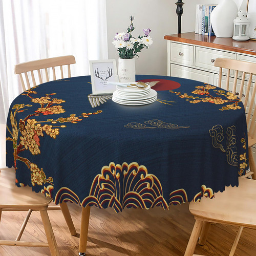 SIEDYCV Japanese Style Tablecloth for Round Table 70 Inch Golden Cherry Blossom Crane Fabric Table Cloth Anti-wrinkle Reusable Dark Blue Table Cover for Theme Party Picnic Camping Kitchen Dining Decor SIEDYCV Japanese Style Tablecloth for Round Table 70 Inch Golden Cherry Blossom Crane Fabric Table Cloth Anti-wrinkle Reusable Dark Blue Table Cover for Theme Party Picnic Camping Kitchen Dining Decor
