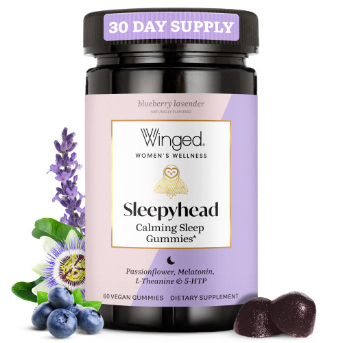 Winged Wellness Sleepyhead Natural Sleep Gummies for Women - Prime Sleep Support Aid for Adults with 3mg Melatonin, L-Theanine, 5-HTP - Blueberry Lavender Flavored - 30 Servings Winged Wellness Sleepyhead Natural Sleep Gummies for Women - Prime Sleep Support Aid for Adults with 3mg Melatonin, L-Theanine, 5-HTP - Blueberry Lavender Flavored - 30 Servings