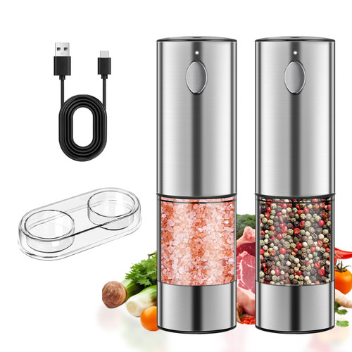 Electric Salt and Pepper Grinder Set, Rechargeable Pepper Grinder LED lights, Stainless Steel Automatic Salt and Pepper Mill Set, Refillable with 5 Adjustable Coarseness Silver