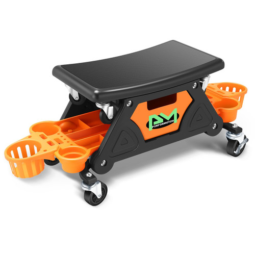 PM PERFORMOTOR Mechanic Stool - 25-1/2" x 13" x 12" (L x H x W), Rolling Work Seat w/Lockable Swivel Wheels and Storage Tool Tray, Orange,PM-TOL-CRS-OG