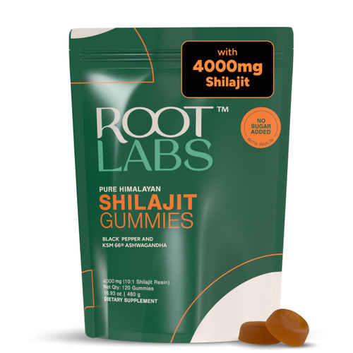 ROOT LABS 4000 mg Pure Himalayan Shilajit Gummies I No Added Sugar I KSM-66 Ashwagandha, Gokshura| 75%+ Fulvic Acid & 85+ Trace Minerals I Men,Women I Non-GMO I Lab Tested I 100% Natural I 120 Pouch