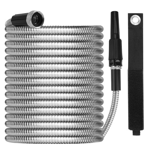 OnBrand Metal Garden Hoses for Yard 100ft, Lightweight Stainless Steel Garden Water Hose with Adjustable Nozzle, Flexible Garden Hose with Storage Strap for Outdoor Lawn Yard, No Kinks and Tangles