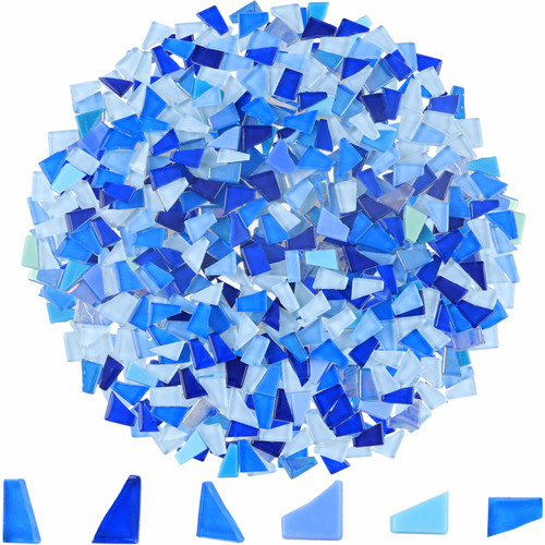 Yazikisa 1.1 lb Glass Mosaic Tiles for Crafts Bulk Blue Irregular Shape Tile Crystal Broken Stained Pieces Stepping Stone Adults DIY Making Supplies Picture Frames Puzzle