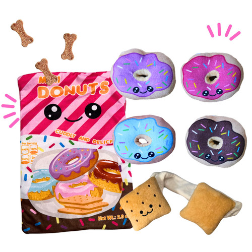 CECE PAW Donut Snuffle Toys, Squeaky Crinkle Interactive Dog Toys, Dog Enrichment Treat Puzzle for Boredom and Mental Stimulation, Puppies, Small and Medium Dogs (Plush Bag)